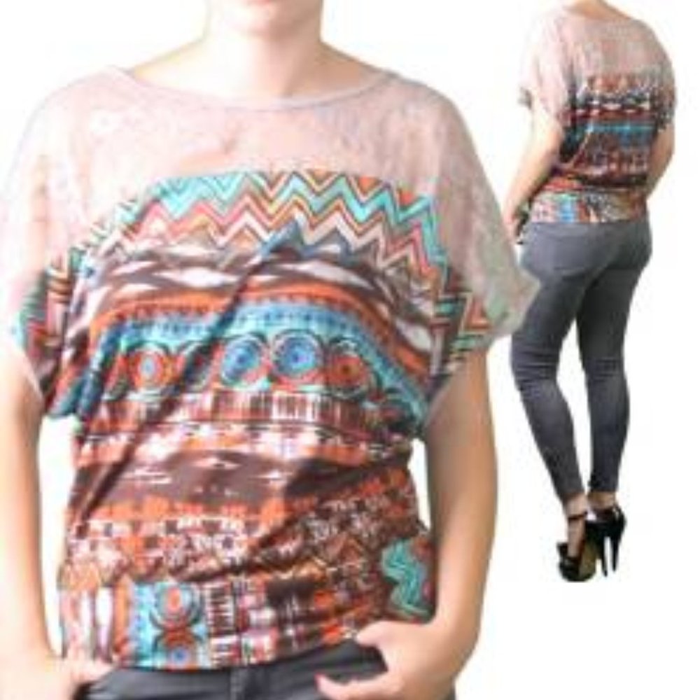 NWOT Lace Neckline Tribal Blouse Women Plus XL 2X 3X